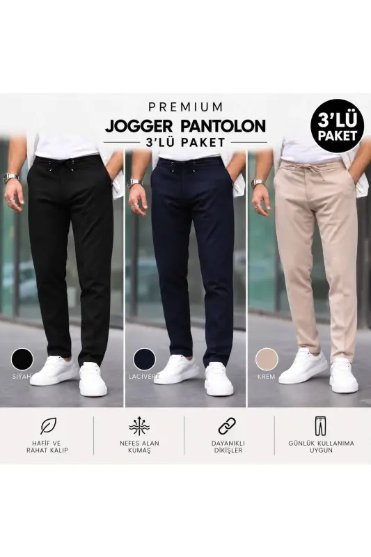 Slim Fit Likralı Jogger Pantolon - SİYAH+LACİVERT+KREM - 1