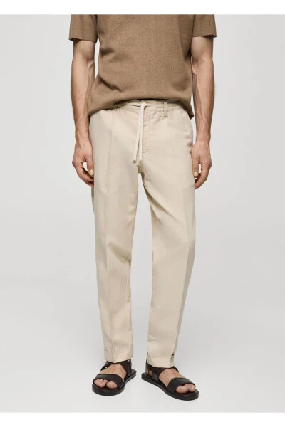 Slim Fit Linen Blend Drawstring Trousers - 1