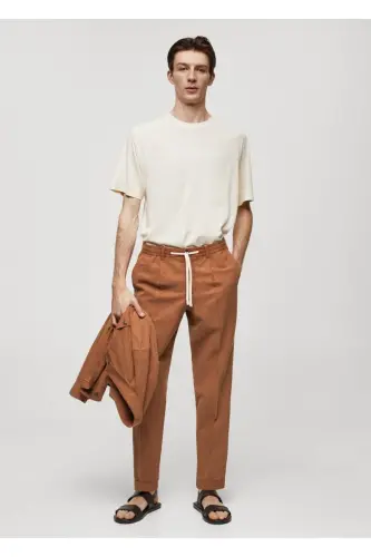 Slim Fit Linen Blend Gathered Pants-Burnt Orange - 2