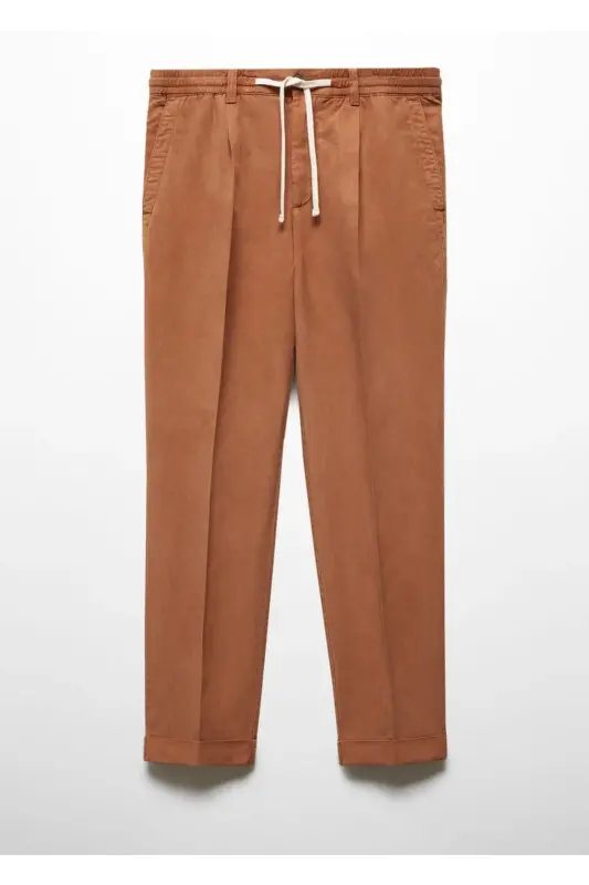 Slim Fit Linen Blend Gathered Pants-Burnt Orange - 3
