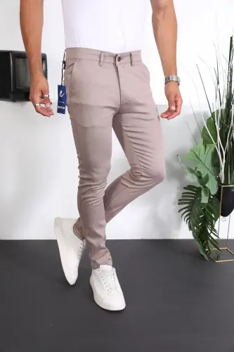 Slim Fit Linen Chino Trousers-Beige - 3