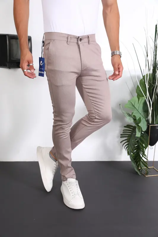 Slim Fit Linen Chino Trousers-Beige - 3