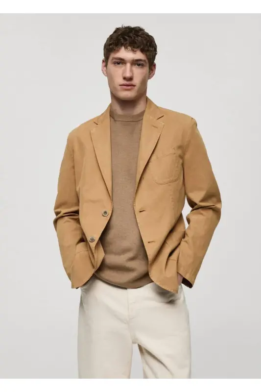 Slim fit linen-cotton blend blazer - Brown - 1