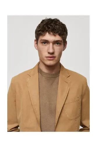 Slim fit linen cotton-blend blazer-Brown - 4