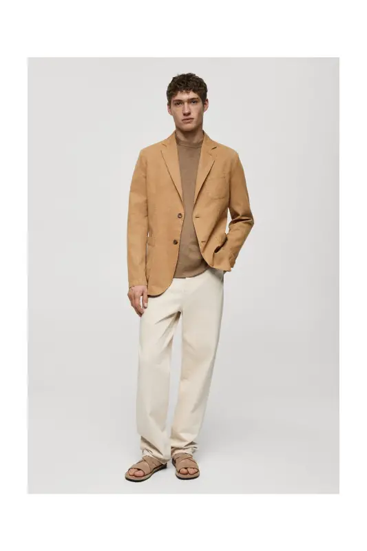 Slim fit linen cotton-blend blazer-Brown - 8