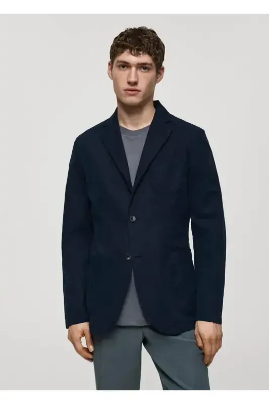 Slim fit linen-cotton blend blazer - Navy Blue - MANGO MAN