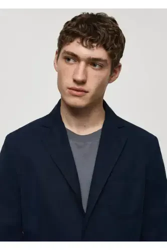 Slim fit linen-cotton blend blazer - Navy Blue - 6