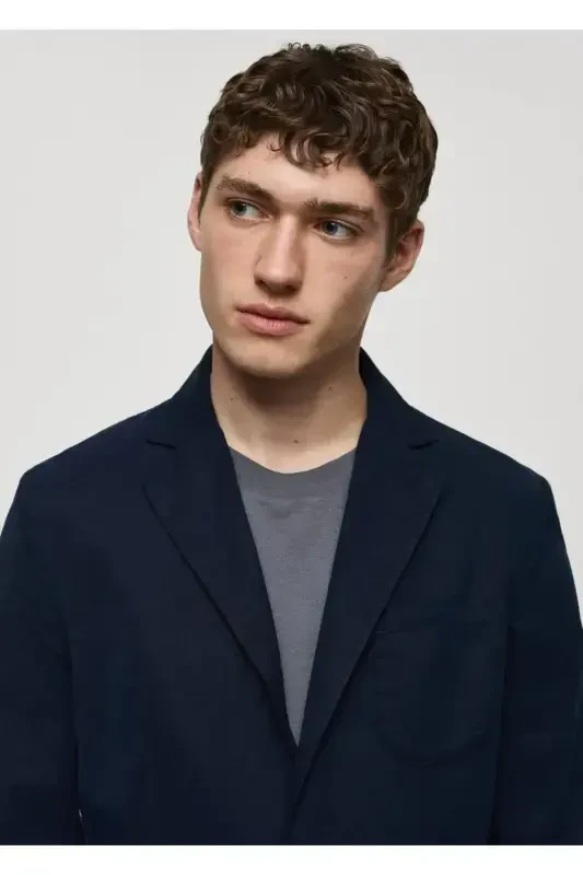 Slim fit linen-cotton blend blazer - Navy Blue - 6