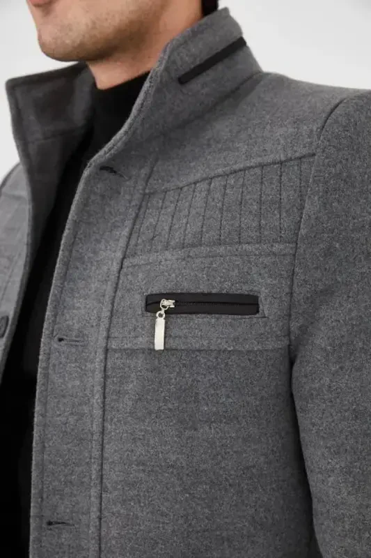 Slim Fit Long Cashmere Coat with Stand-Up Collar - 2