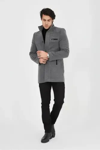 Slim Fit Long Cashmere Coat with Stand-Up Collar - 3