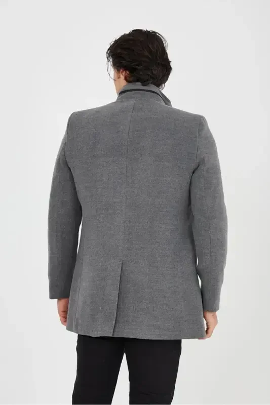 Slim Fit Long Cashmere Coat with Stand-Up Collar - 4