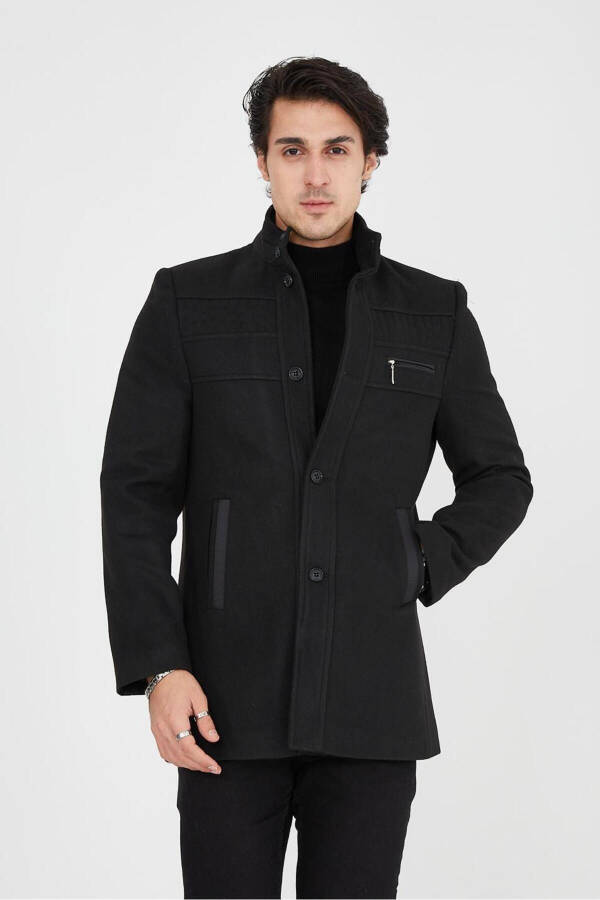 Slim Fit Long Cashmere Coat with Stand-Up Collar - 14