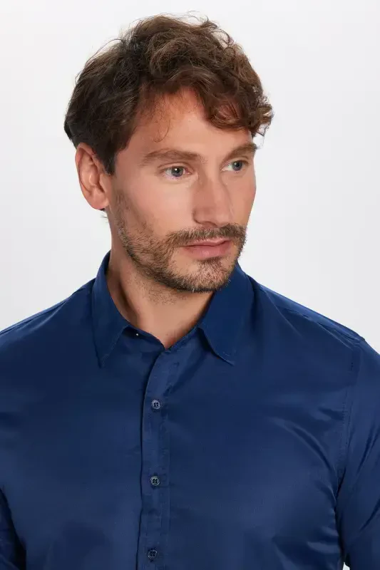 Slim Fit Long Sleeve Easy Iron Moisture Wicking Breathable Textured Tie Neck Four Season Navy Blue Men's Shirt - 2