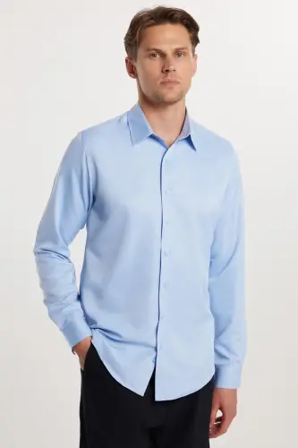 Slim Fit Long Sleeve Easy Iron Sweat-Absorbent Breathable Texture Suitable for Tie Four Seasons Blue Men's Shirt-Blue 