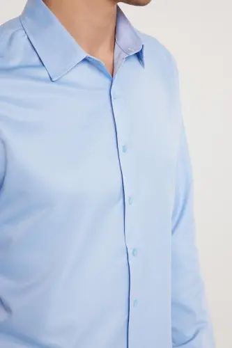 Slim Fit Long Sleeve Easy Iron Sweat-Absorbent Breathable Texture Suitable for Tie Four Seasons Blue Men's Shirt-Blue - 3