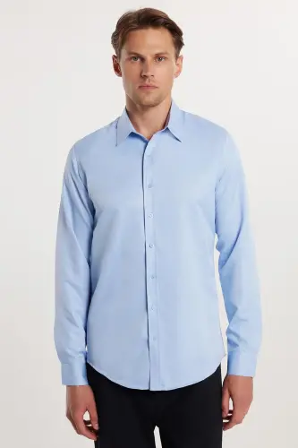 Slim Fit Long Sleeve Easy Iron Sweat-Absorbent Breathable Texture Suitable for Tie Four Seasons Blue Men's Shirt-Blue - 4