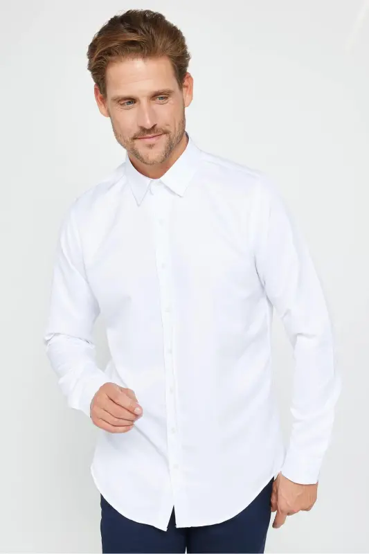 Slim Fit Long Sleeve Easy Iron Sweat Absorbent Breathable Texture Tie-Ready Four Season White Men's Shirt-White - 9