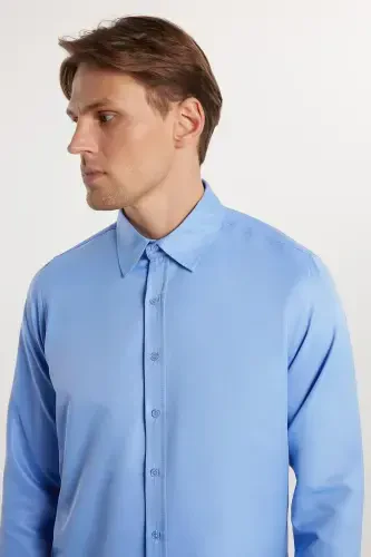 Slim Fit Long Sleeve Easy Iron Sweat Absorbent Breathable Texture Tie-Ready Four Seasons Blue Men's Shirt-Blue2 - TUDORS (1)