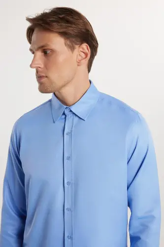 Slim Fit Long Sleeve Easy Iron Sweat Absorbent Breathable Texture Tie-Ready Four Seasons Blue Men's Shirt-Blue2 - 3