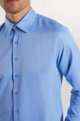 Slim Fit Long Sleeve Easy Iron Sweat Absorbent Breathable Texture Tie-Ready Four Seasons Blue Men's Shirt-Blue2 - 4