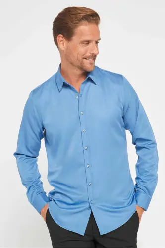 Slim Fit Long Sleeve Easy Iron Sweat Absorbent Breathable Texture Tie-Suitable Four Seasons Indigo Men's Shirt-Indigo 