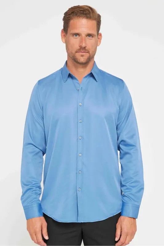 Slim Fit Long Sleeve Easy Iron Sweat Absorbent Breathable Texture Tie-Suitable Four Seasons Indigo Men's Shirt-Indigo - 2