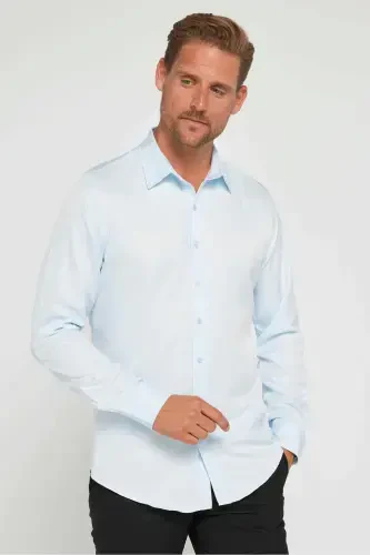 Slim Fit Long Sleeve Easy Iron Sweat-Wicking Breathable Texture Tie-Friendly Four Seasons Blue Men's Shirt-Blue1 - 1