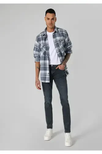 Slim fit, low rise, skinny fit, dark blue men's trousers. - 1