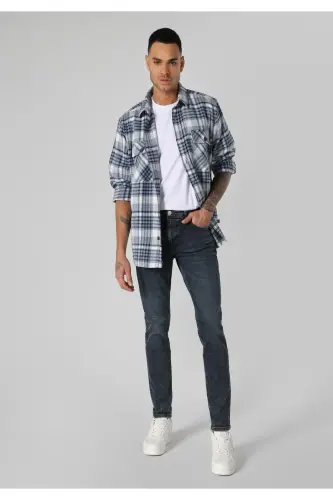 Slim fit, low rise, skinny fit, dark blue men's trousers. - 1