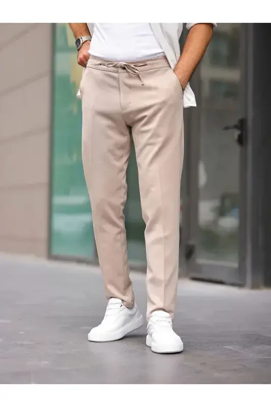 Slim Fit Lycra Jogger Pants-Cream - 1
