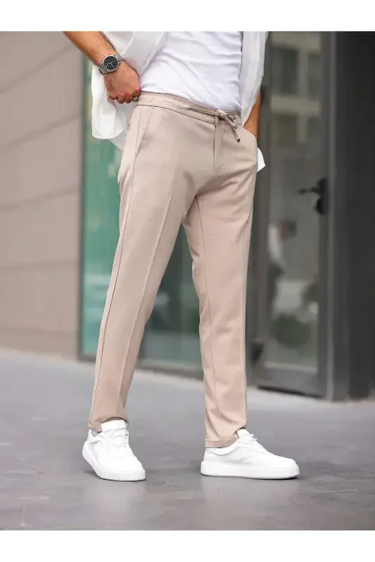 Slim Fit Lycra Jogger Pants-Cream - 2