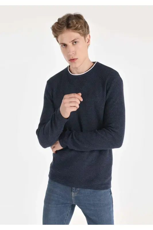 Slim Fit Yuvarlak Yaka Düz Erkek Mavi Kazak - İNDİGO - 1
