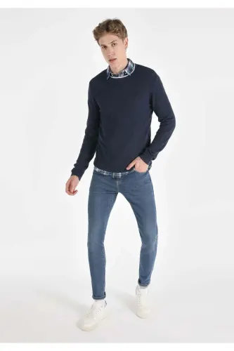 Slim Fit Yuvarlak Yaka Düz Erkek Mavi Kazak - İNDİGO - 3