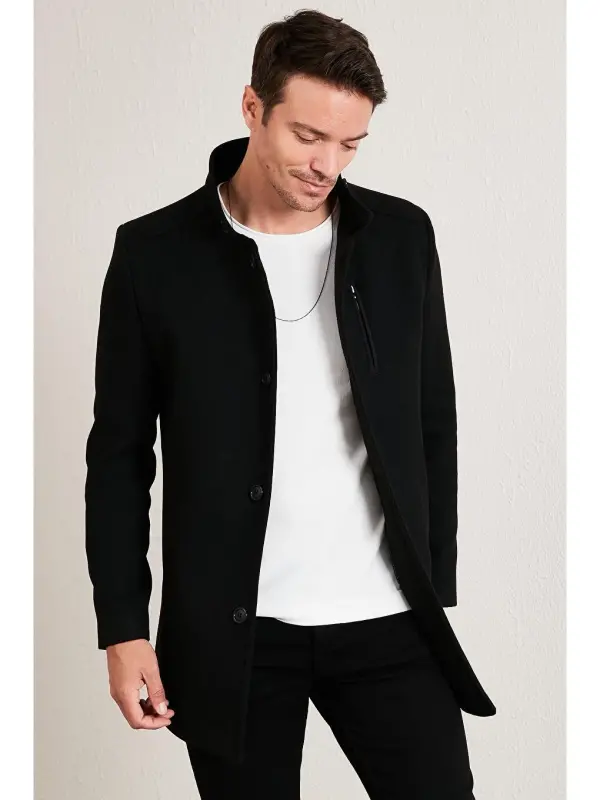 Slim Fit Мужское кашемировое пальто на пуговицах с высоким воротником 5840099-Черный - LC WAIKIKI