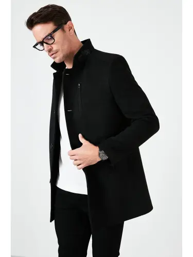 Slim Fit Мужское кашемировое пальто на пуговицах с высоким воротником 5840099-Черный - 3