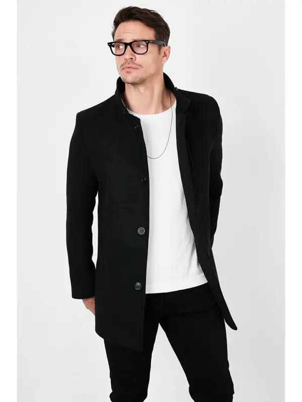 Slim Fit Мужское кашемировое пальто на пуговицах с высоким воротником 5840099-Черный - 4