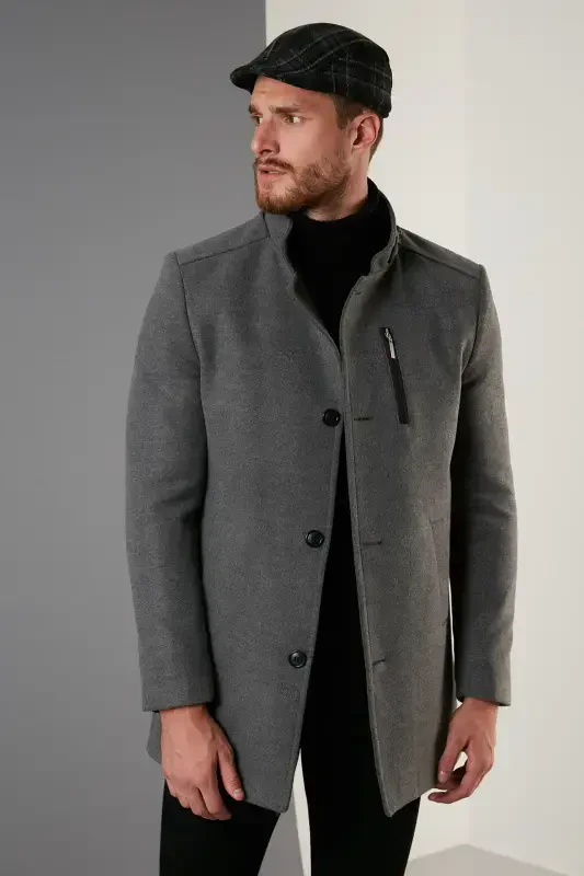 Slim Fit Мужское кашемировое пальто на пуговицах со стойкой 5840099-СВЕТЛО-СЕРЫЙ - 1