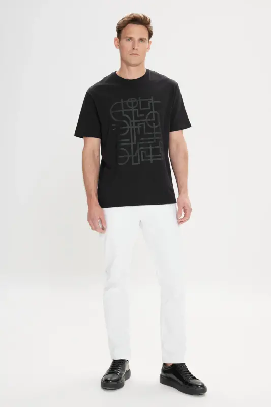 Slim Fit Narrow Cut 100% Cotton Printed Crew Neck Black T-Shirt-BLACK - 2