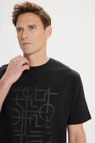 Slim Fit Narrow Cut 100% Cotton Printed Crew Neck Black T-Shirt-BLACK - 3