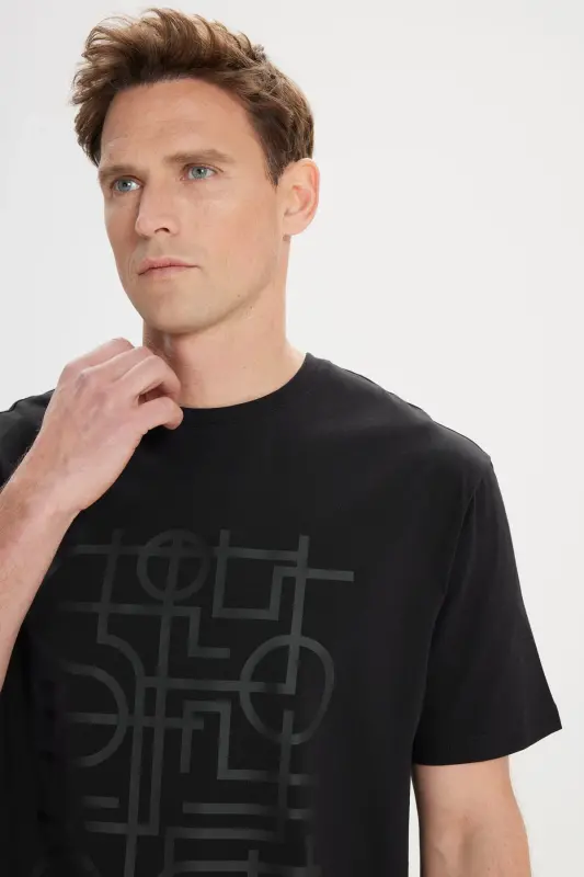 Slim Fit Narrow Cut 100% Cotton Printed Crew Neck Black T-Shirt-BLACK - 3