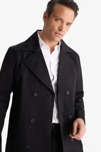 Slim Fit Narrow Cut Buttoned Belted Trench Coat Black - 4