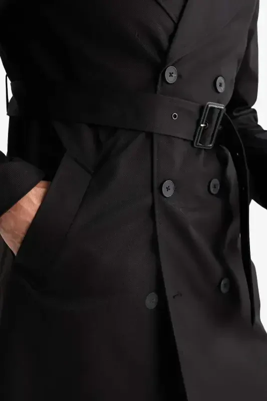Slim Fit Narrow Cut Buttoned Belted Trench Coat Black - 8
