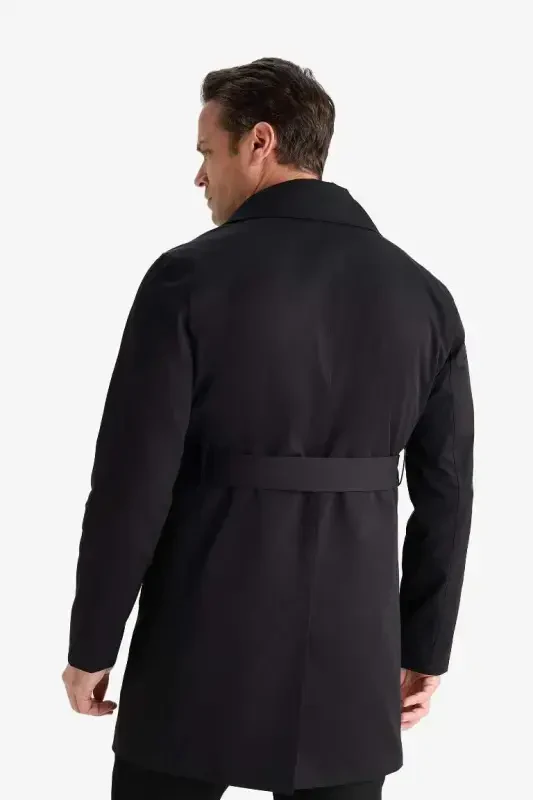 Slim Fit Narrow Cut Buttoned Belted Trench Coat Black - 9