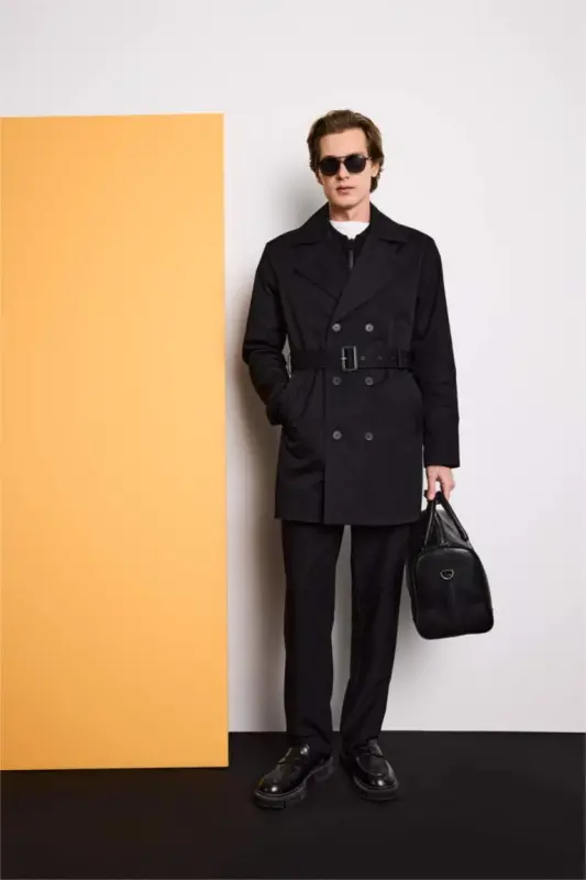 Slim Fit Narrow Cut Buttoned Belted Trench Coat Black - 1
