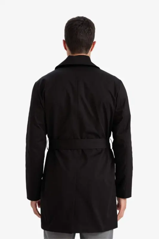 Slim Fit Narrow Cut Buttoned Belted Trench Coat Black - 4