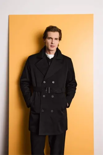 Slim Fit Narrow Cut Buttoned Belted Trench Coat Black - DEFACTO (1)