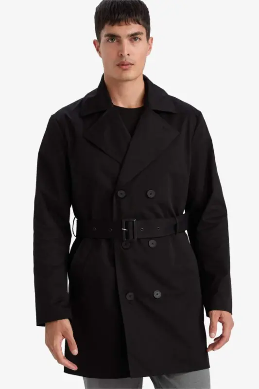 Slim Fit Narrow Cut Buttoned Belted Trench Coat Black - 3