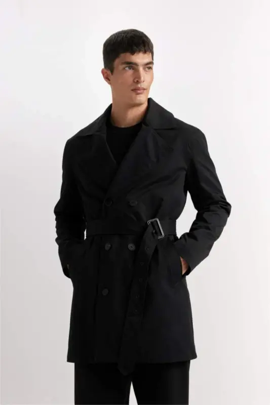 Slim Fit Narrow Cut Buttoned Belted Trench Coat Black - 1