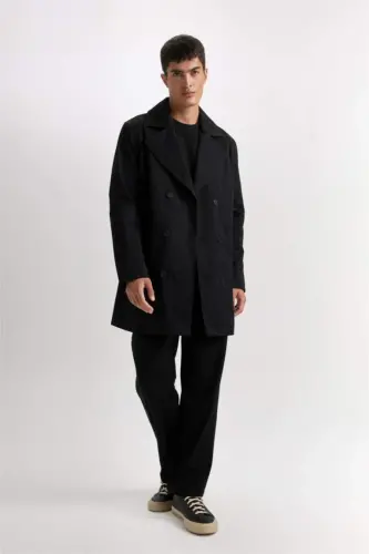 Slim Fit Narrow Cut Buttoned Belted Trench Coat Black - 2