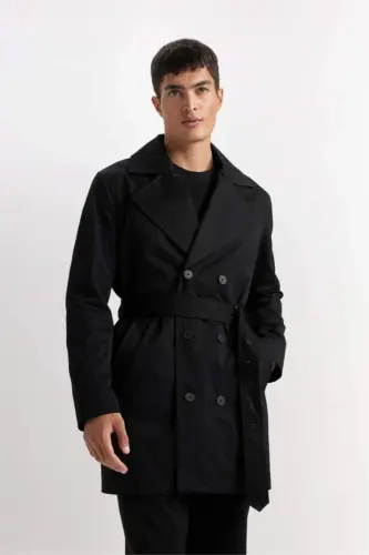Slim Fit Narrow Cut Buttoned Belted Trench Coat Black - 3